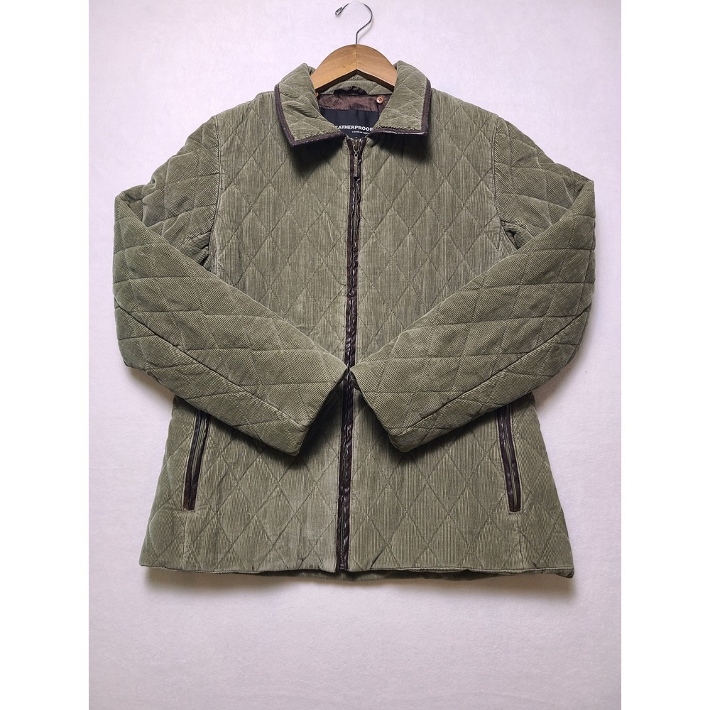 VTG Weatherproof Sm Jacket Quilted Corduroy Barn Coat Green Gorp Leather Trim